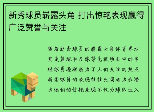 新秀球员崭露头角 打出惊艳表现赢得广泛赞誉与关注