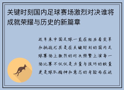 关键时刻国内足球赛场激烈对决谁将成就荣耀与历史的新篇章